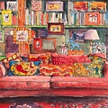 THE RED COUCH - room portrait 137 watercolor painting Mona Edulesco