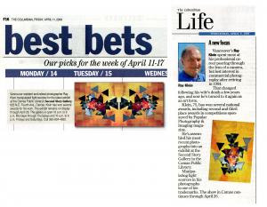 THE COLUMBIAN, A Vancouver, WA, USA Newspaper, April 11, 2008, BEST BETS And LIFE Section Articles, Highlight Unique Exhibition By Photographer Raymond J. Klein, Featured At Camas, WA, SECOND STORY  L